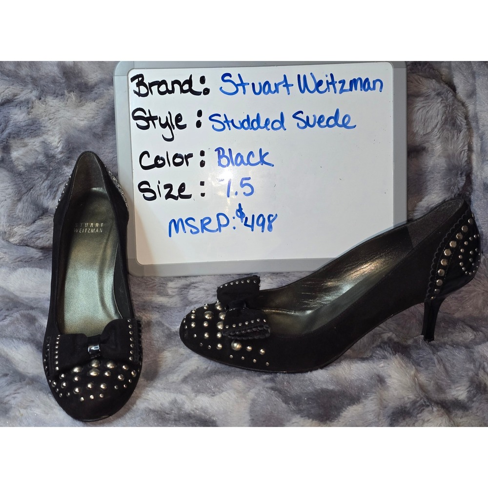 EUC Stuart Weitzman Black Suede‎ elm Studded Bow Kitten Heel Pumps Shoes 7.5
